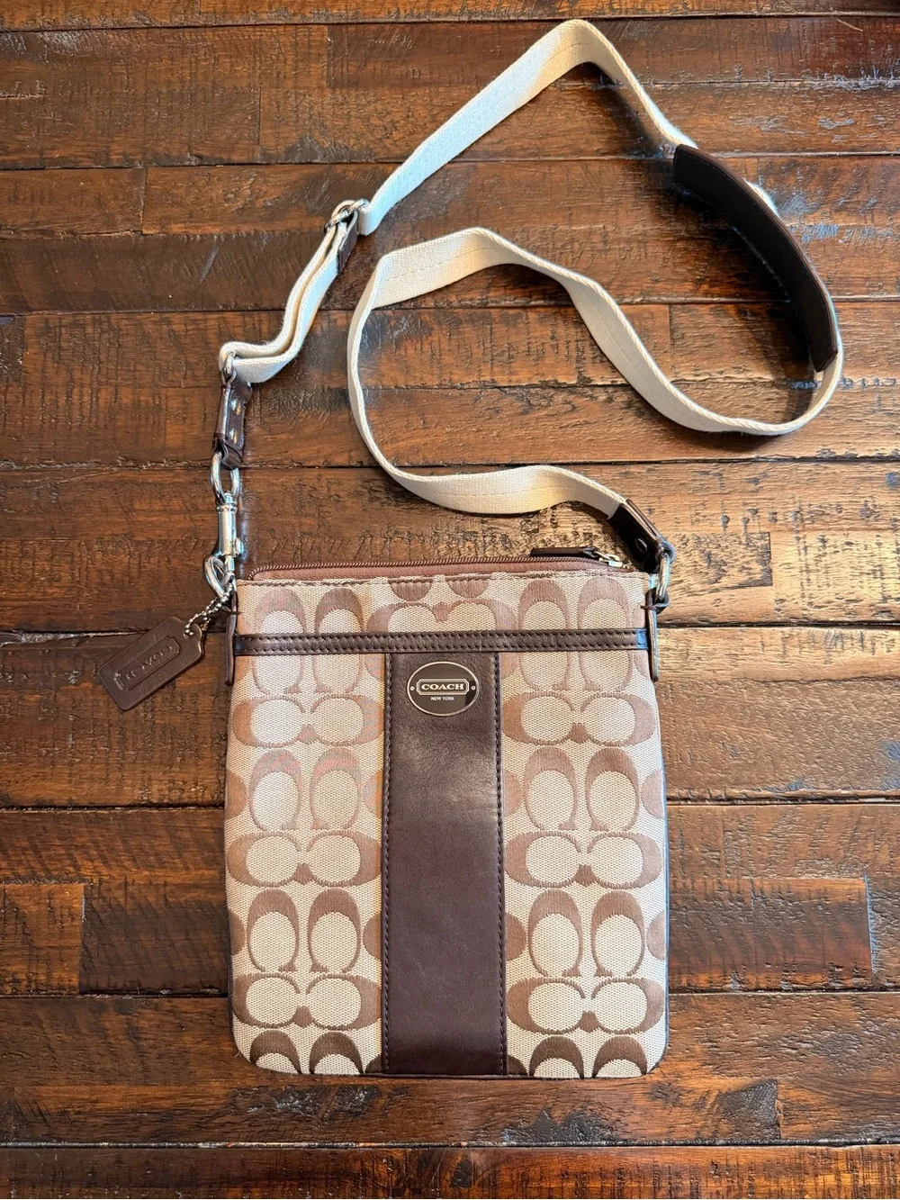 Coach Brown Signature Crossbody Messenger Bag with Cream Strap